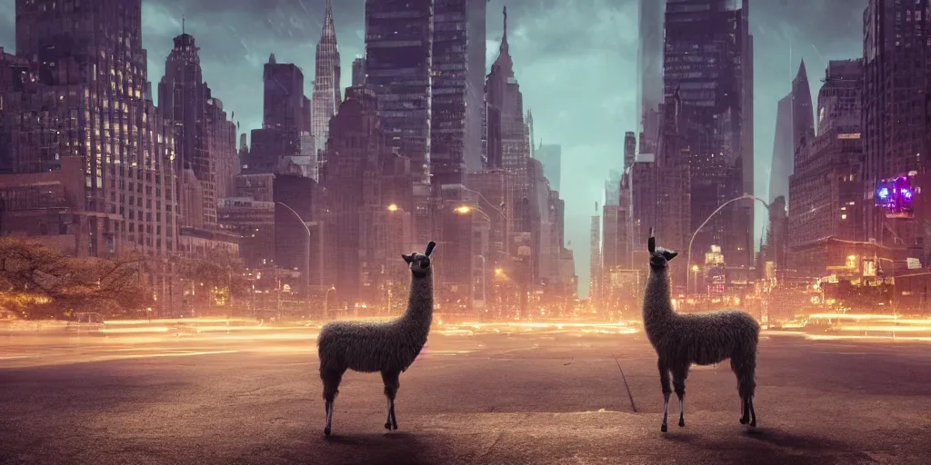 Image similar to a llama walking through a desolate manhattan city street at night, statue of liberty seen in the background, realistic 4 k octane beautifully detailed render, 4 k post - processing, highly detailed, intricate complexity, epic composition, magical atmosphere, cinematic lighting, masterpiece, ultra hd