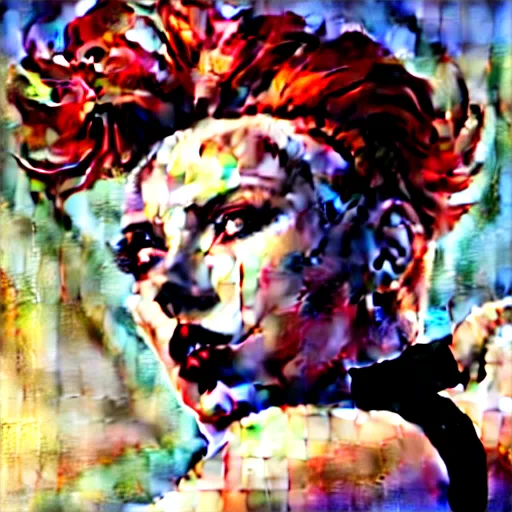 Image similar to greg manchess portrait of scarlett johansson as thick very muscular gothic weightlifter zarya from overwatch with short red hair and black lipstick, fantasy medium shot, asymmetrical, profile picture, organic painting, sunny day, matte painting, bold shapes, hard edges, street art, trending on artstation, by huang guangjian and gil elvgren and sachin teng