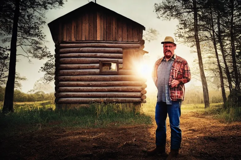 Image similar to a headshot portrait of a farmer, stood outside a wooden cabin, ultra realistic, dramatic lighting