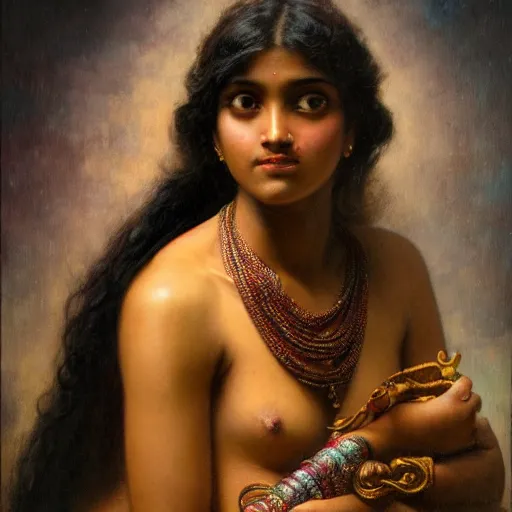 Image similar to detailed potrait 8 0 s srilankan girl with tatoos in baroque painting, girl graceful,, painting by gaston bussiere, craig mullins, j. c. leyendecker, lights, art by ernst haeckel, john william godward, hammershøi,,