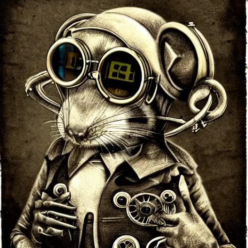 Image similar to a rat with steampunk googles, by HR Giger