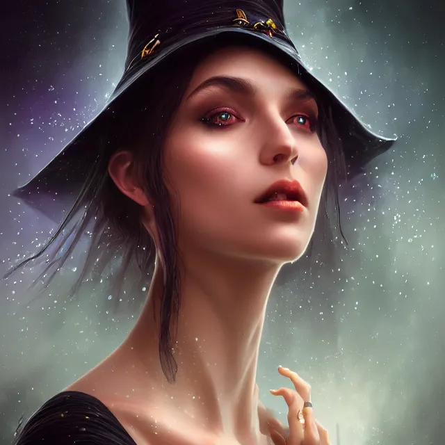 Prompt: detailed close portrait of beautiful witch, dark fantasy, black background!!! symmetry, highly detailed, 4 k digital painting, detailed skin, iridescence reflecting, crystal particles, magical, raytracing, plasma, artistic, concept art by artgerm, greg rutkowski, alphonse mucha, unreal engine render,