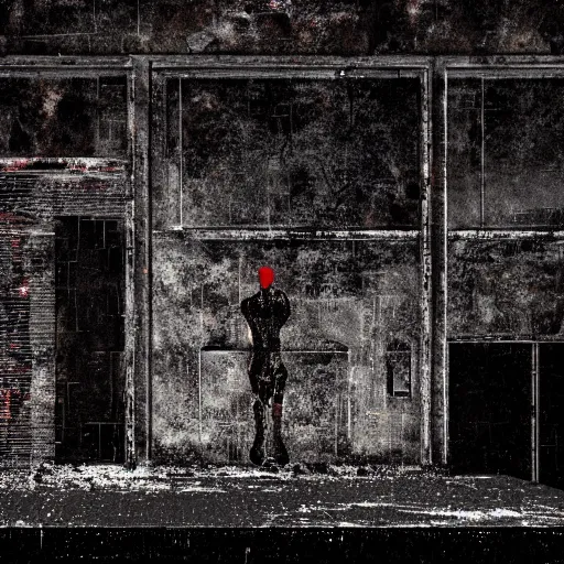 Image similar to cctv of an extremely dark empty abandoned building and humanoid cryptid monster made out of rust, dark deep black shadows, red and black color contrast in the style of trevor henderson and james ensor goya, liminal space, 3 d octane render, glitch effect