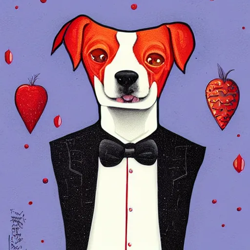 Prompt: portrait illustration of funny dog in the white tuxedo and red tie by jeremiah ketner, quint buchholz, wlop, dan mumford