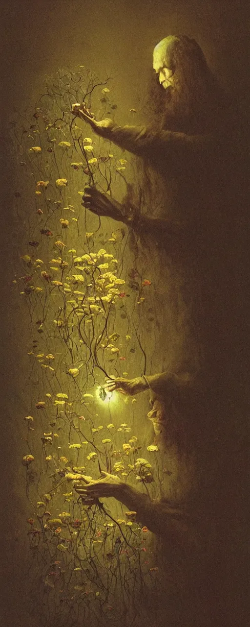 Image similar to a golemn tending to a beautiful dried flower in a dark room, zdzislaw beksinski, arthur rachham, 8 k, artstation