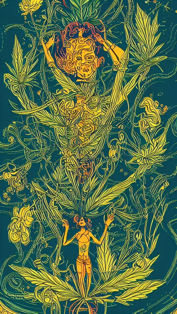 Prompt: uplifting cannabis symbolism illustration, joyful atmosphere, detailed linework, vibrant colors, cinematic, light psychedelic, black paper, ornate, symmetrical, high value tarot card, very detailed, delicate ink illustration, golden ratio, 8k, style of James Gilleard