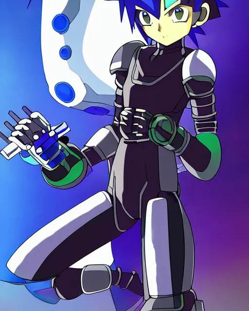 Image similar to beautiful cyberpunk anime boy spiked hair character megaman legends metal sharp armor award winning character design by studio ghibli