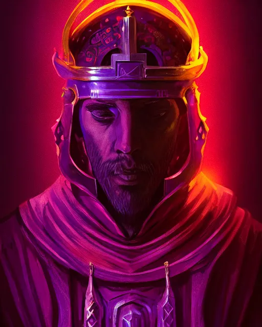 Prompt: a portrait of a medieval king, cyberpunk, purple color scheme, grim - lighting, high - contrast, intricate, elegant, highly detailed, digital painting, artstation, concept art, smooth, sharp focus, illustration