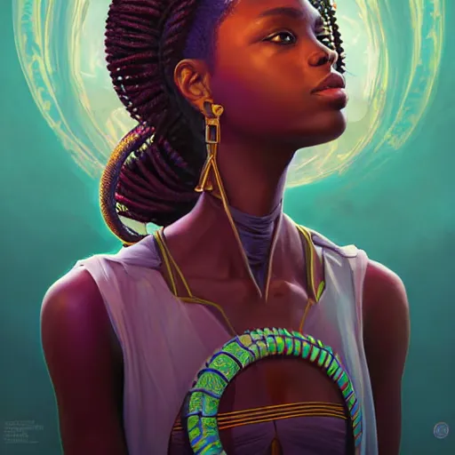 Image similar to african hydropunk princess, science fiction, highly detailed, digital painting, beautiful eyes, symmetry, concept art, sharp focus, illustration, global illumination, radiant light, synthwave colors, detailed and intricate environment, art by artgerm and greg rutkowski and magali villeneuve and ilya kuvshinov!