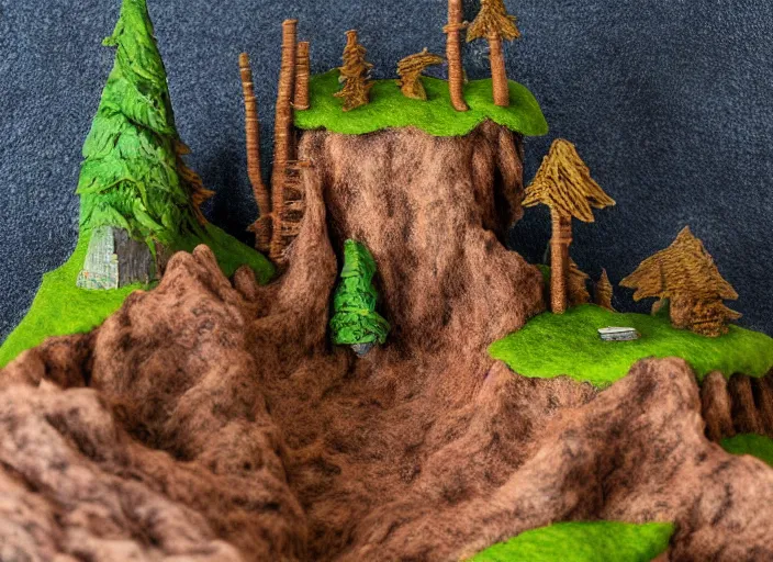 Image similar to high - res photograph of a felt and copper wire sculpture diorama with fantasy castles, highly detailed sculpey diorama, forest setting in iceland, waterfall backdrop, realistic materials, wood, felt, cloth, burlap, copper wire, hot glue, smooth, sharp foccus, commercial product photography,