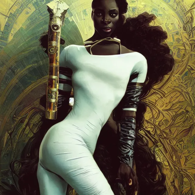 Image similar to african domme mistress, dominatrix full body, dominatrix, tribal, smooth white tight clothes suit, ornate, very beautiful, concept art, realistic painting, androgynous, afrofuturism, cgsociety, digital art by greg rutkowski, by alphonse mucha