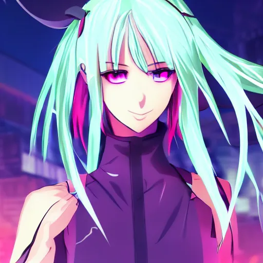 Image similar to beautiful young female anime! ninja with extremely detailed eyes action pose, neon city, raining, dramatic, 8 k