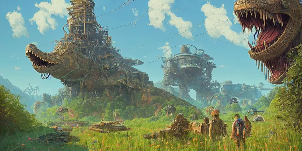 Image similar to #art #hyperreal #intricate simon-stålenhag-dinotopia-botw-studio-ghibli, [32k hd]^10