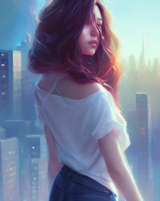 Prompt: portrait of a beautiful girl, flowy hair, full body, modern clothes, cinematic lighting, city background, highly detailed, digital painting, trending on artstation, pixiv, concept art, sharp focus, illustration, art by ross tran and wlop