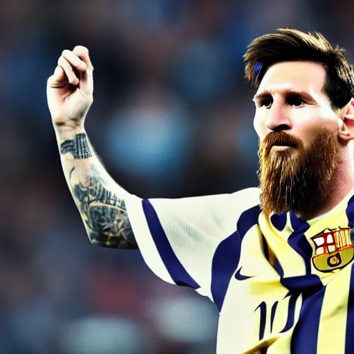 Image similar to Lionel Messi with a majestic beard, closeup, cinematic shot, 4k, award winning photo