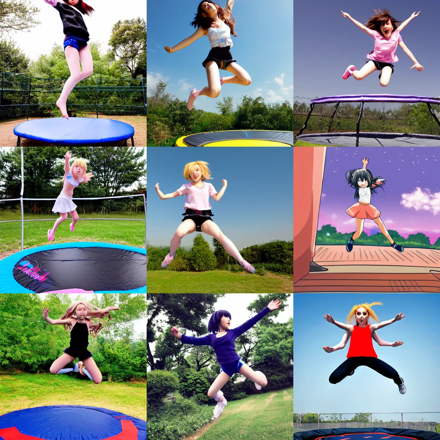 Prompt: anime girl jumping on trampoline in style of madonna