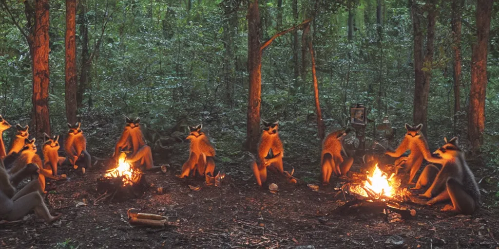 Image similar to a group of racoons sitting around a campfire in the middle of the forest, surrounded by fireflies. photograph