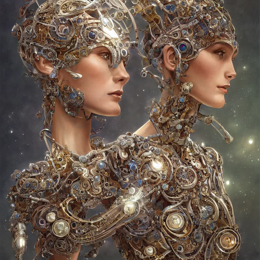 Image similar to organic cyborg, bulgari jewelry design, diffuse lighting, fantasy, intricate, elegant, highly detailed, lifelike, photorealistic, digital painting, artstation, illustration, concept art, smooth, sharp focus, art by john collier and albert aublet and krenz cushart and artem demura and alphonse mucha