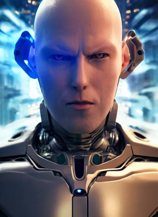 Prompt: Realistic Cyborg One Punch Man with blue eyes, futuristic city, artistic pose, light atmosphere, cinematic shot, intricate, ornate, photorealistic, ultra detailed, realistic, 100mm, photography, octane, high definition, depth of field, bokeh, 8k, artstation