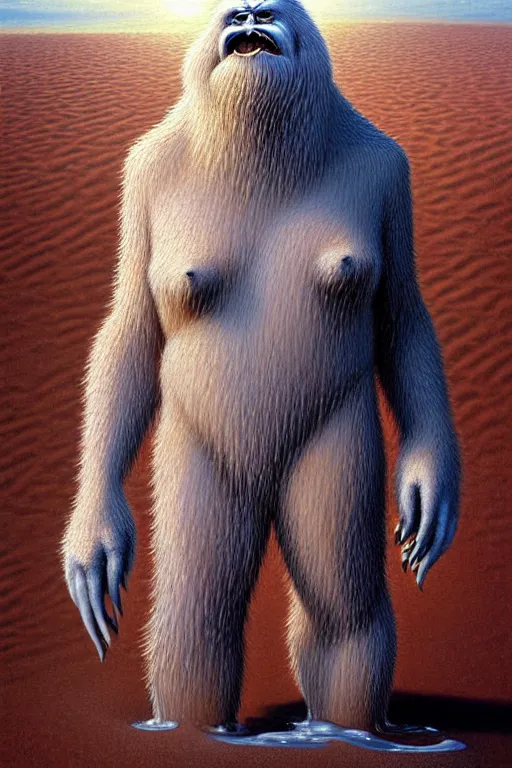 Prompt: classic oil painting, an exhausted yeti that is sweating to death, as a dnd character, standing in a puddle of water amidst sand dunes, extremely hot, wet fur, highly detailed, digital illustration, bright, concept art, smooth, sharp focus, art by tim hildebrandt, and greg hildebrandt