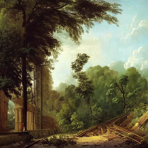 Prompt: Ruins of a train station in a jungle, neoclassical painting, oil on canvas, high quality