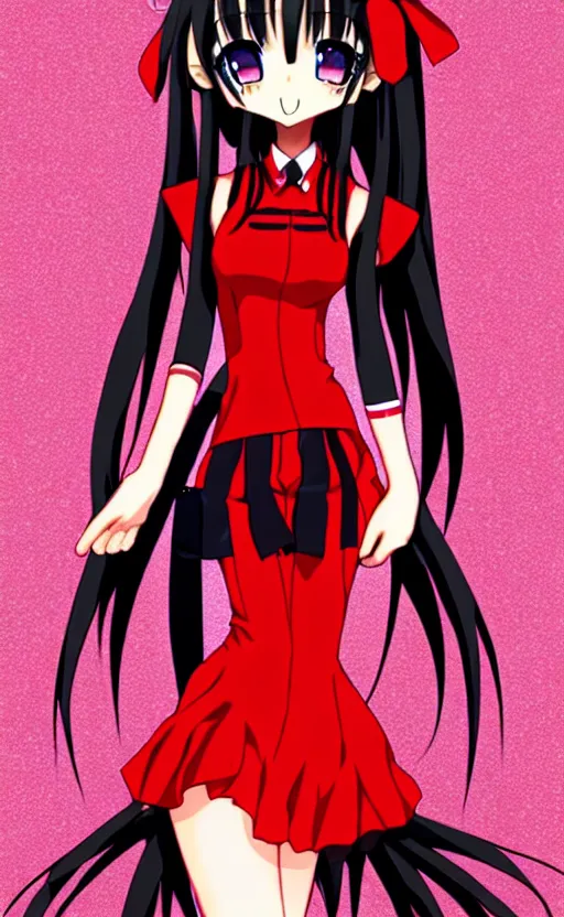 Image similar to anime girl with a detailed face and black hair in a red outfit, full body, bottom half of photo, trending, illustration