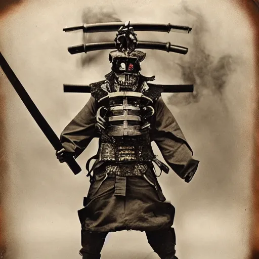 Image similar to tintype photographs of dieselpunk samurai, psycho oni, ninja demons