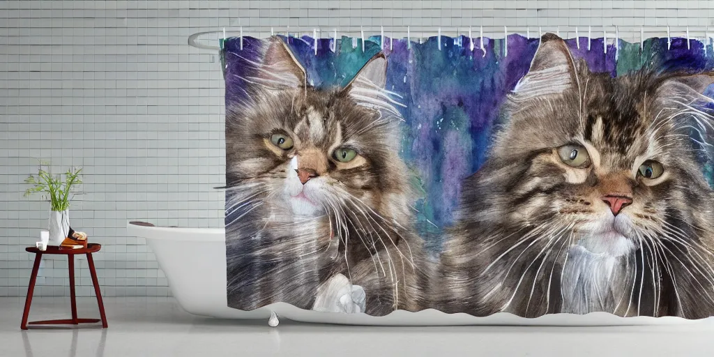 Image similar to shower curtain product catalog. on the curtain is a watercolor with ink under drawing of a cat toy being chased by a maine coon kitten. wide - angle product photography, product lighting. 4 k, highly detailed. saturated.