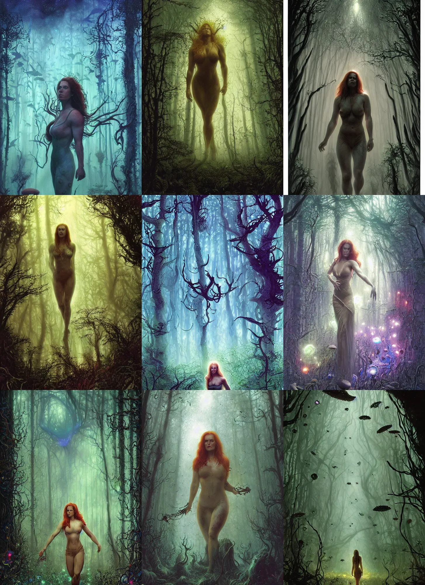 Image similar to muscled Amy Adams lost in a foggy bioluminescent mushroom forest, rainbow fireflies, creepy creatures hiding in long shadows, Donato Giancola, Mark Brooks, Ralph Horsley, Charlie Bowater, Artgerm, Christopher Balaskas, Bastien Lecouffe-Deharme