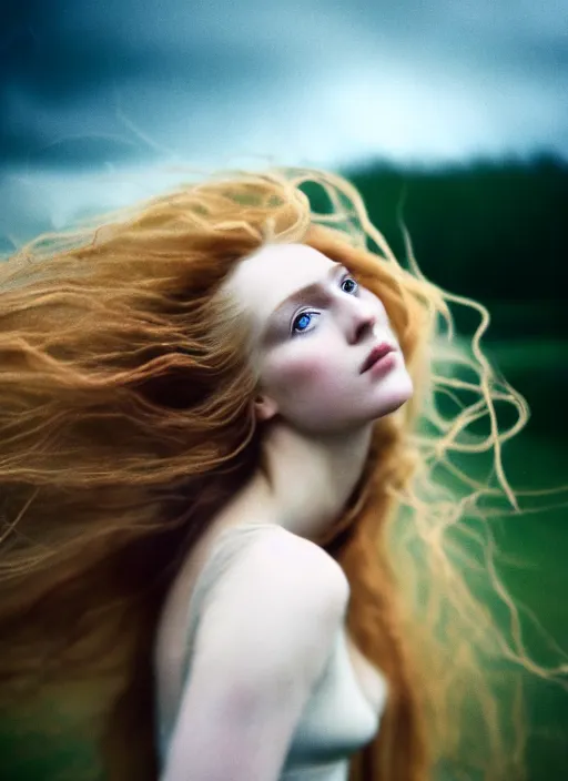 Prompt: cinestill 5 0 d photo of a pre - raphaelite blond beautiful woman, dreamy, hair floating in air in style of paolo roversi, 1 5 0 mm, f 1. 2, emotionally evoking, head in focus, stormy wet clouds outdoor, matt dreamy colour background, volumetric lighting, hyper realistic, ultra detailed