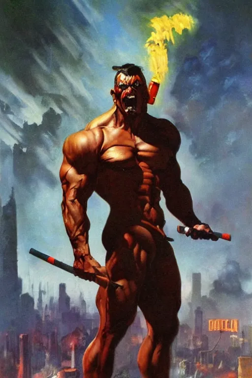 Image similar to A muscular demon smoking a cigar in a cyberpunk setting, by Frank Frazetta, 1980s color palette, Trending on Artstation, highly detailed,