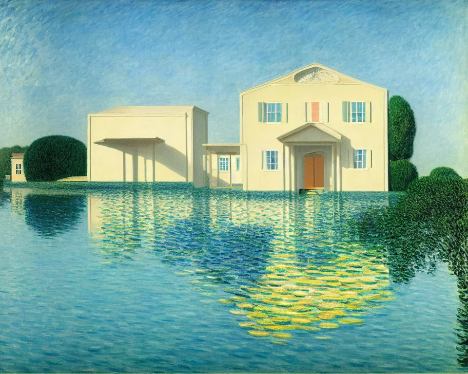Prompt: achingly beautiful painting of a sophisticated, well - decorated, modern pool house by rene magritte, monet, and turner.