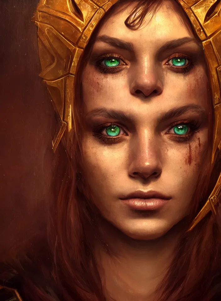 Image similar to a face portrait of a beautiful girl sorceress from skyrim, skyrim setting, beautiful face, warm colors, soft lighting, atmospheric, cinematic, moody, in the style of diego koi, gina heyer, luiz escanuela, art by alyssa monk, hyperrealism, rule of thirds, golden ratio, oil on canvas, 8 k