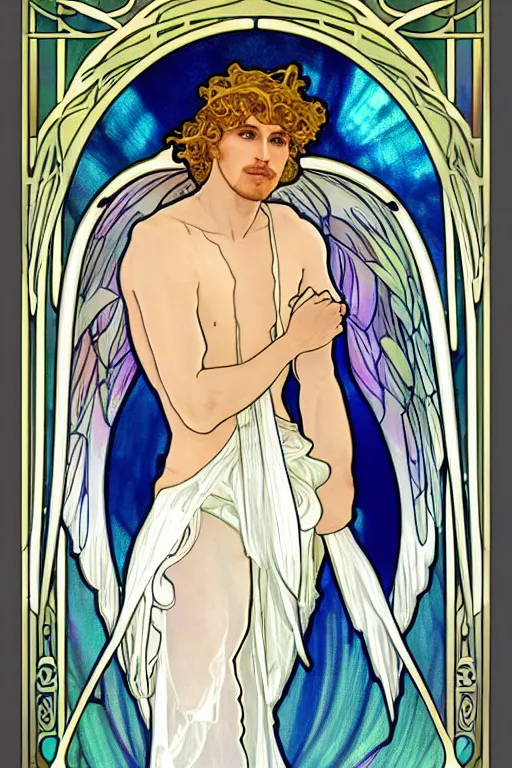 Prompt: full figure art nouveau window depicting a beautiful young fit male angel with curly blond hairs, dressed with fluent clothes, majestic wings, luminous halo, by alfons mucha, d & d character, gradient white to gold, in front of an iridescent background, highly detailed portrait, digital painting, artstation, concept art, smooth, sharp focus, illustration, artstation hq