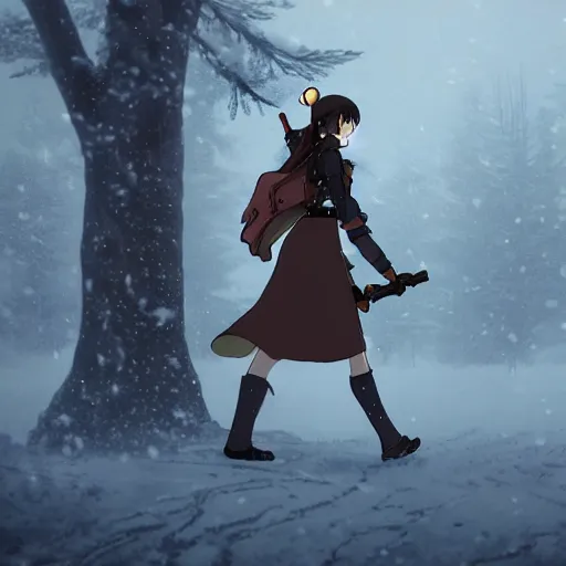 Image similar to a girl with steampunk armour and weapons walking through a foggy forest, studio ghibli, extremely detailed, ominous, snowy, snowing, dead trees, anime,