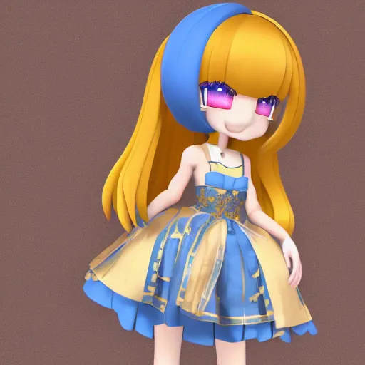 Prompt: cute fumo plush of a girl in a blue and gold patterned dress, stylized material bssrdf, cel shading, vray, anime girl