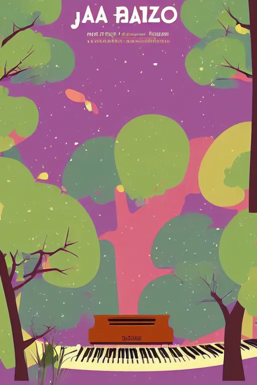 Prompt: jazz festival poster ( a piano under trees ), ( no text )!, vector graphics, svg, fun, music, undraw style, pinterest, artstation, inkscape, colorful