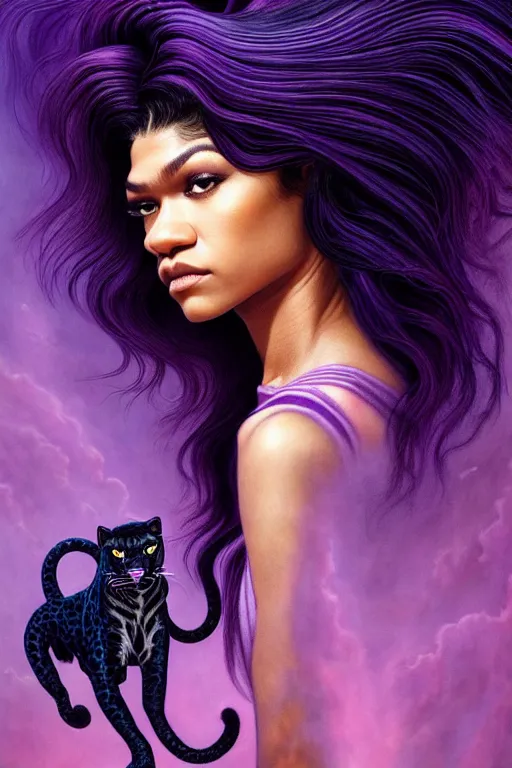 Image similar to zendaya with wavy dark purple hair coming out of the abyss with a panther on her shoulder, ultrafine hyperrealistic fantasy oil painting, art by ida outhwaite and loish, trending on artstation, dungeons and dragons, magic the gathering, intricate linework, sharp focus, smooth, unreal engine, dramatic lighting, 8 k,