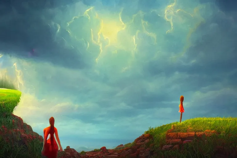 Image similar to giant corn flower as a head, girl standing on cliff, surreal photography, stars, dramatic light, impressionist painting, storm clouds, digital painting, artstation, simon stalenhag