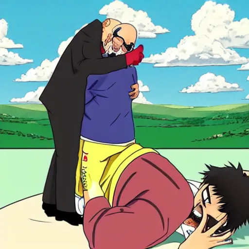 Image similar to Michael Ehrmantraut hugging walter white from behind wrestling breaking bad in one piece anime style