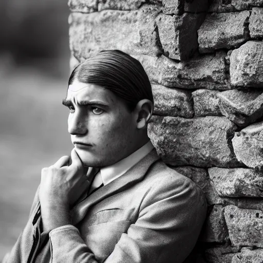 Image similar to Portrait of an utterly terrified young man on the verge of panic tears in 1930s attire with long hair cornered against a stone wall. He looks utterly panicked and distressed. 4K sigma 85mm