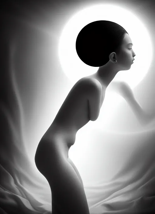 Prompt: surreal mythical dreamy dark artistic black and white fine art fashion portrait photo of a young beautiful delicate female ai giving birth to the new world, spiritual, halo, glory, rim light, cinematic, studio dramatic light, poetic, masterpiece, octane render, 8 k, photo - realistic by dora maar man ray