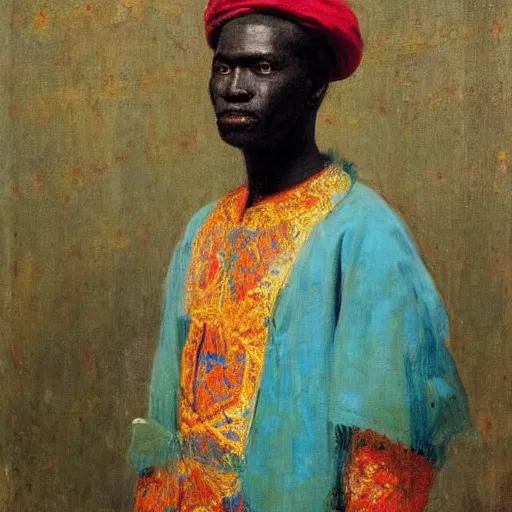 Image similar to portrait of king of dahomey outdoors dressed in airy clothing, 1905, brightly coloured oil on canvas, by ilya repin