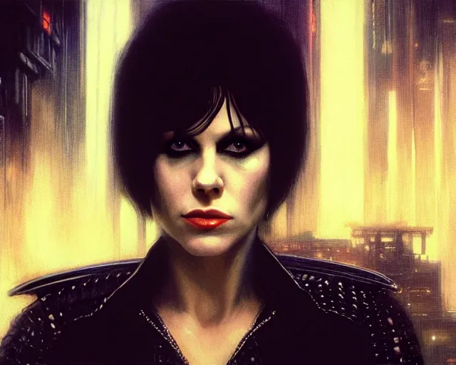 Image similar to a 4 k cinematic film screenshot still portrait of joan jett in blade runner, deep focus, d & d, fantasy, intricate, elegant, highly detailed, digital painting, artstation, concept art, matte, sharp focus, illustration, dark fantasy style art, hearthstone, art by artgerm and greg rutkowski and alphonse mucha