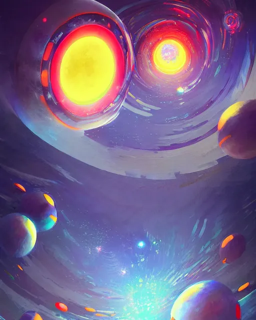 Image similar to multiverse painting, colorful, scifi, experimental, spheres. portals, rays of light, highly detailed, cheerful, by studio ghibli, kun vic, masterpiece, award winning