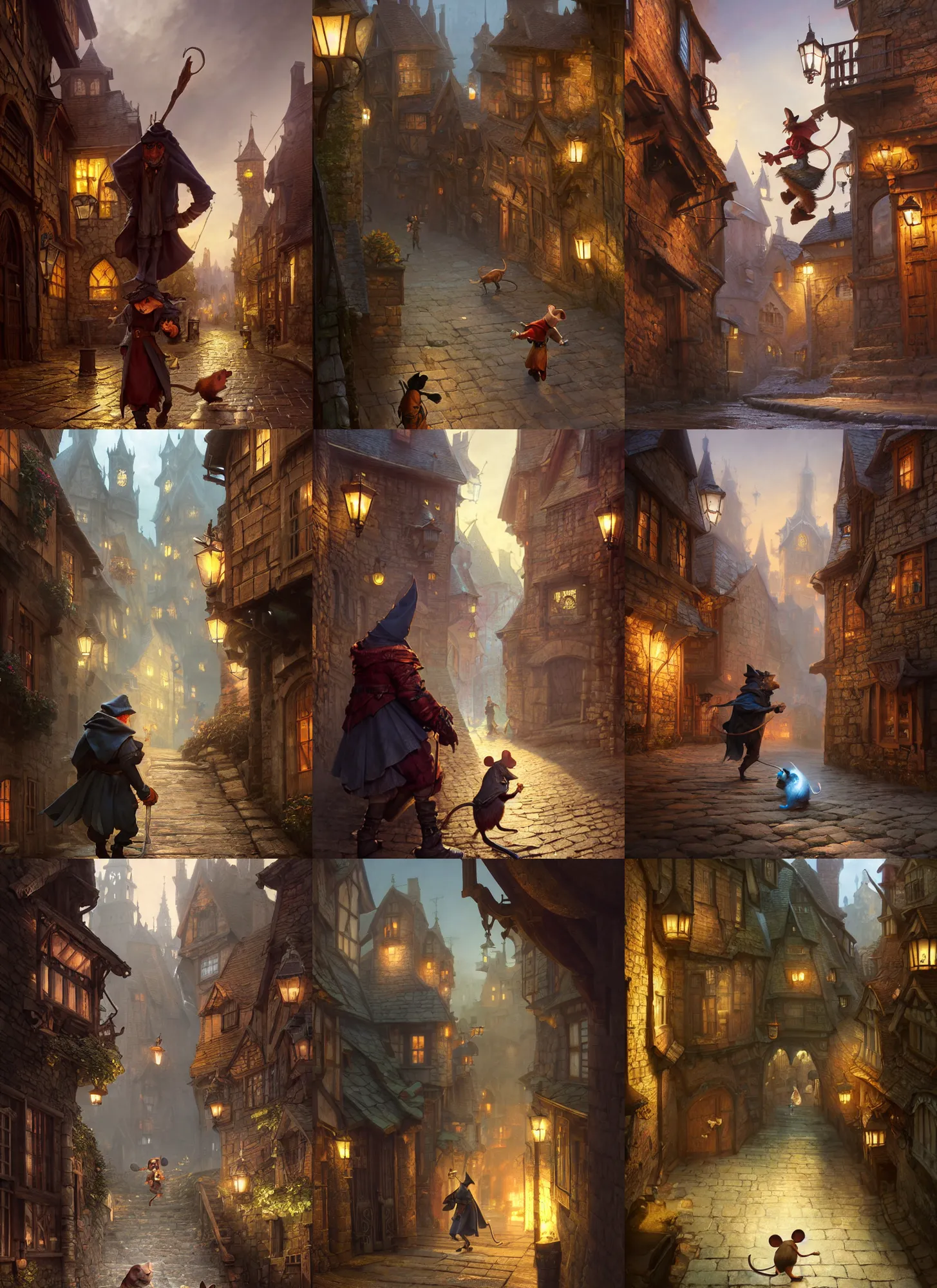 Prompt: Anthropomorphic mouse thief sneaking through a medieval town by night, DnD character, unreal engine, octane render, dramatic lighting, pond, digital art, by Stanley Artgerm Lau, greg rutkowski, thomas kindkade, alphonse mucha, loish, norman Rockwell