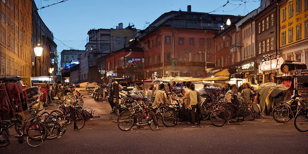 Image similar to Hordes of The walking dead on a Dusk City Street in Stockholm, Sweden, Intersection, Storefront, alleyway, beer advertisement, bicycle in background, chairs, table, city street lights, clumps of cables, abandoned cars, smoke, colored light, colorful umbrella, convenience store, dusk sky, dingy city street, exiting store, getting groceries, hilly road, Swedish writing, looking down street, moped, raining, smoking outside, tan suit, wet road, wet street, white shoes, wires hanging above street, wires in background, very high quality photography, dusk, cinematic.