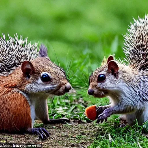 Prompt: diplomatic treaty has been signed between the squirrels and the hedgehogs, national leaders photo