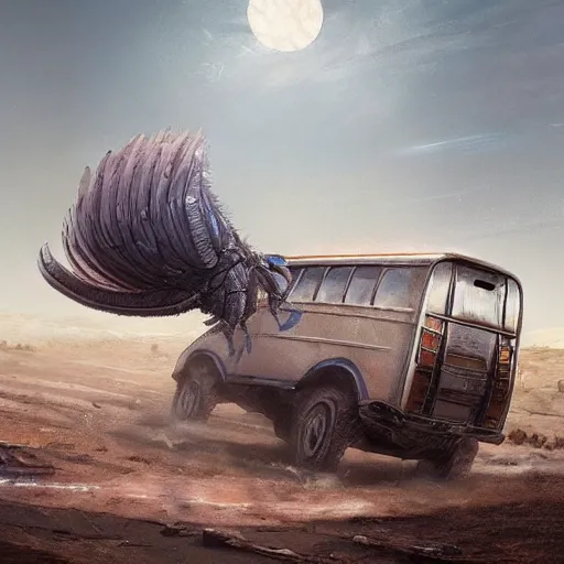 Prompt: giant horsefly monster attacking a silver school bus in the desert, ultra detailed, 8 k, greg rutkowski, artgerm, trending on artstation, award - winning art,