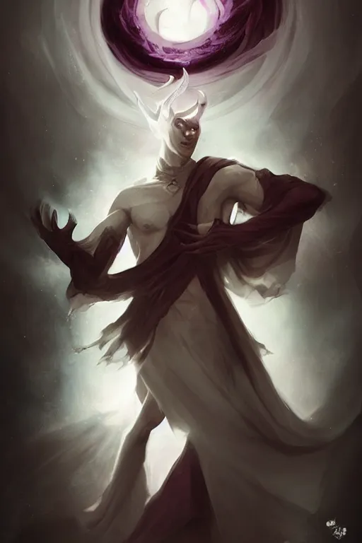 Prompt: male djinn man demon hybrid, warlock, concept art, purple cloak, single face, illustration, costume design, white spiral horns, editorial photo, trending on artstation, Charlie Bowater, WLOP